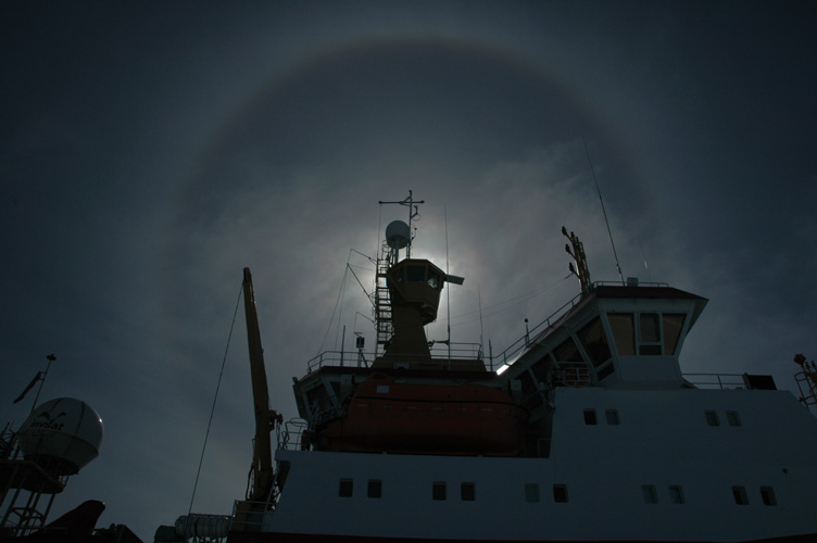 The bridge of the Shackleton with a solar halo behind