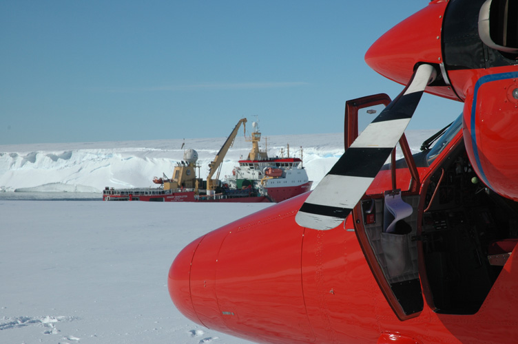 The nose of a Twin Otter with the Shackleton behind