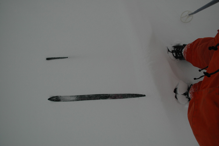 Skis tunnel through the snow