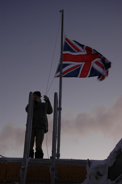 Jim raises the Union flag at sun up