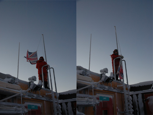 Pete lowers the Union flag for the darkness