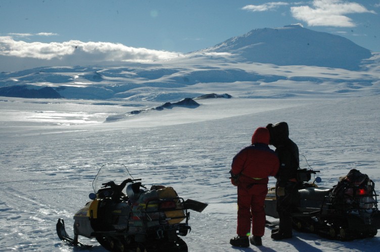 A quick recce in skidoos to find the extent of the open water that we'll work from later