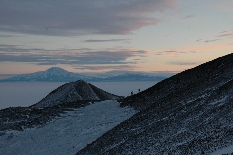 Walking up Crater Hill, Ob Hill behind and the ice beyond it all